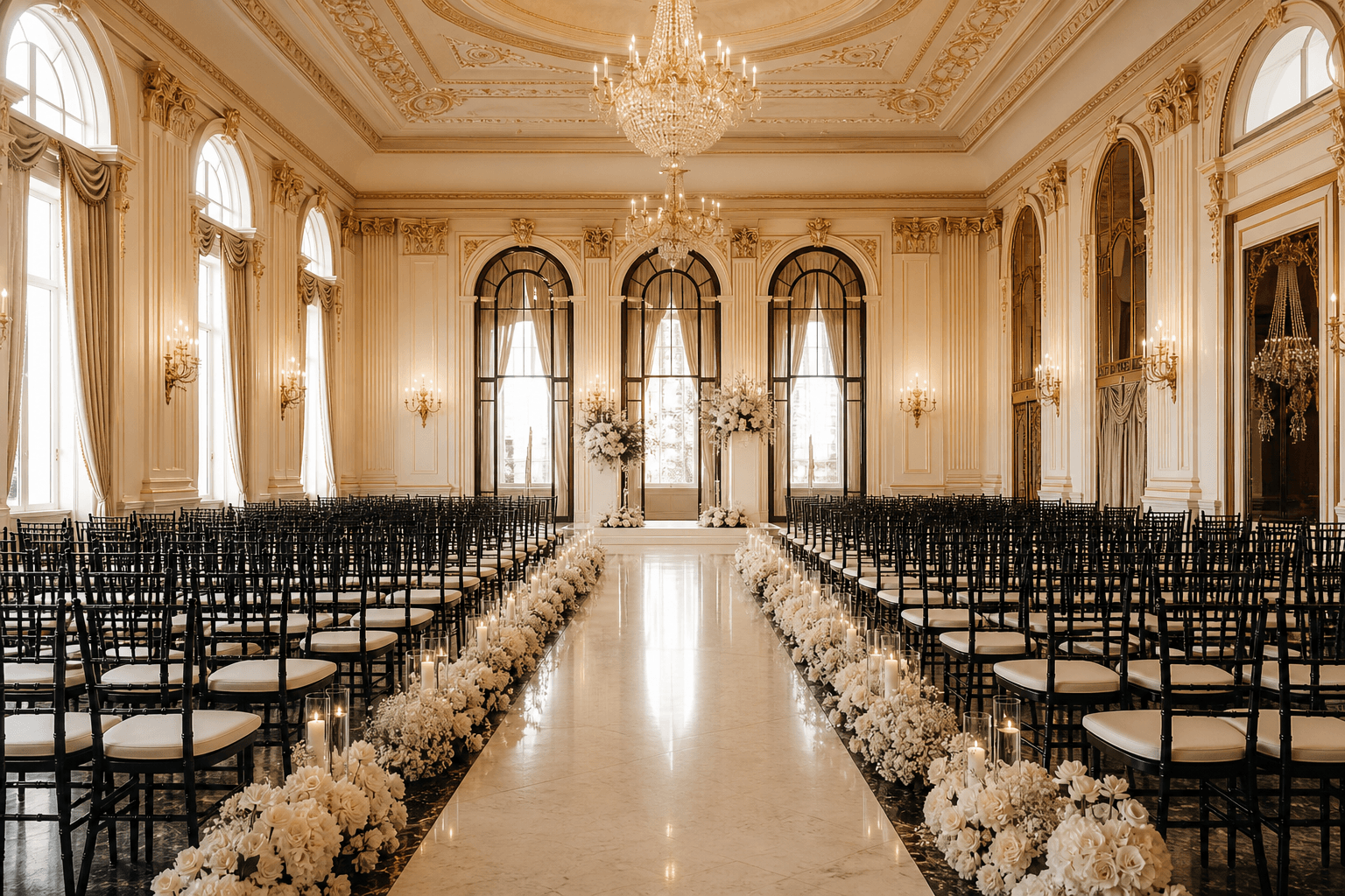 Ceremony seating arranged under the glass roof of the Palm Court