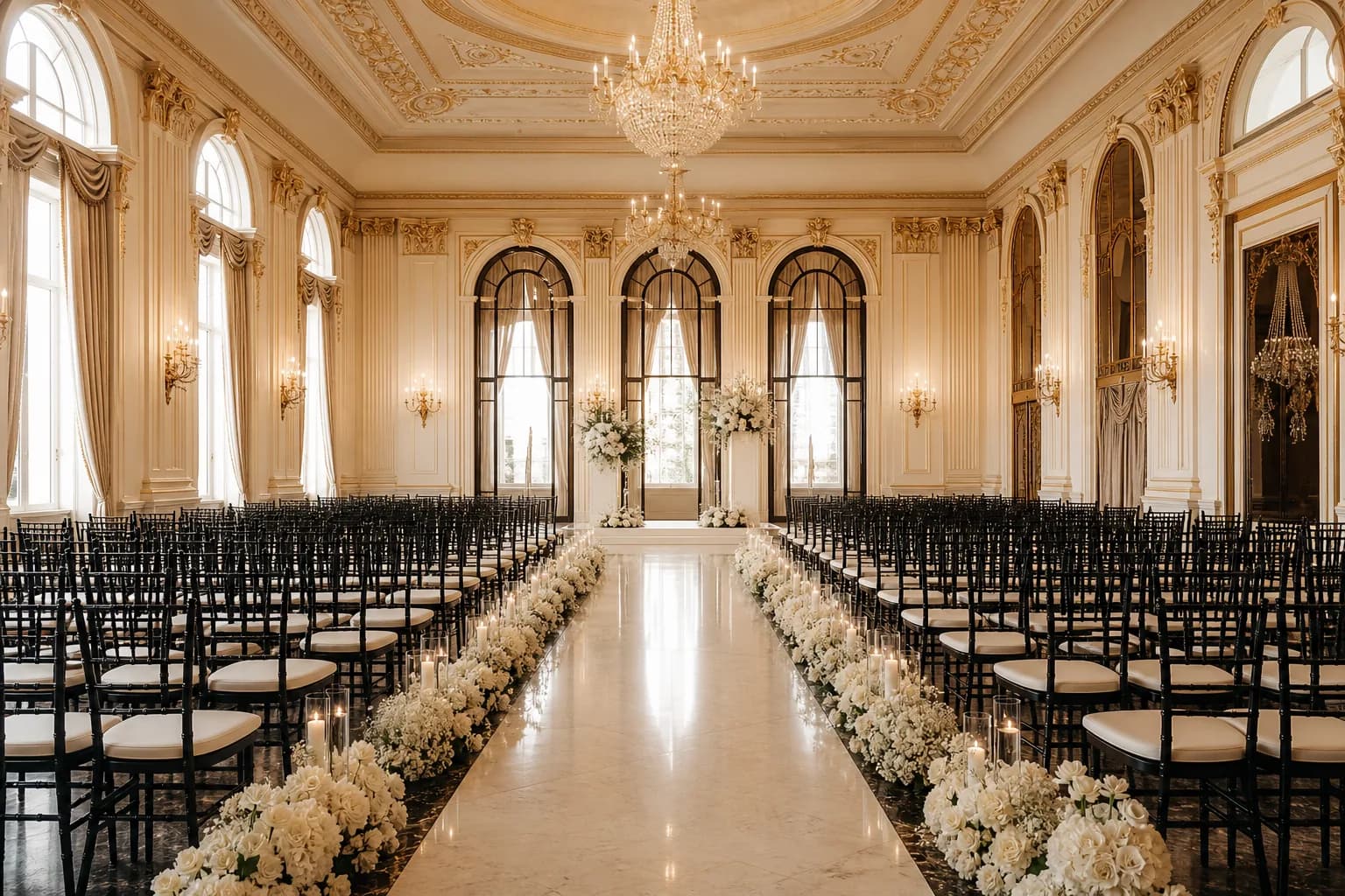 Ceremony seating arranged under the glass roof of the Palm Court