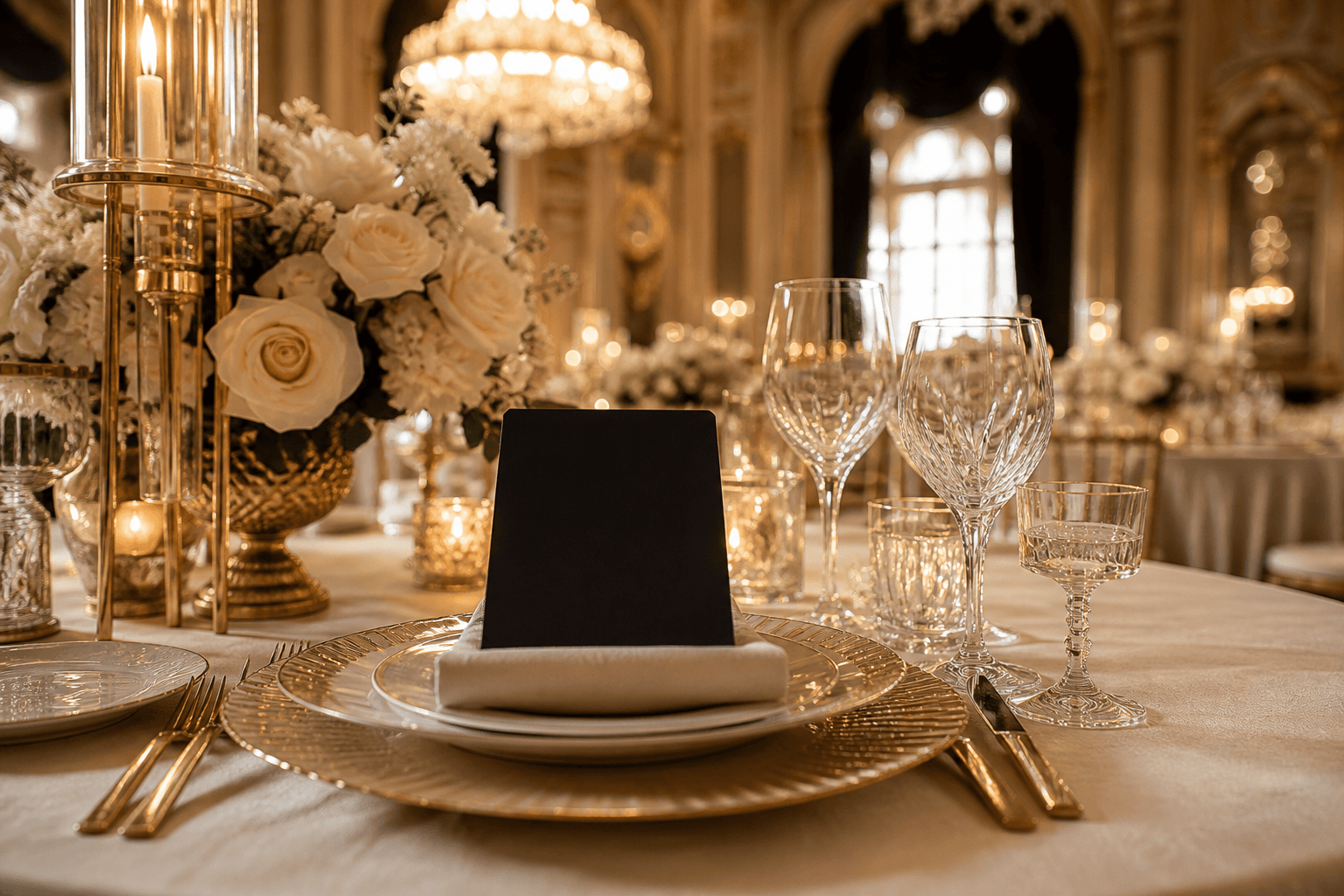 Place setting and stemware detail in the Windsor Salon