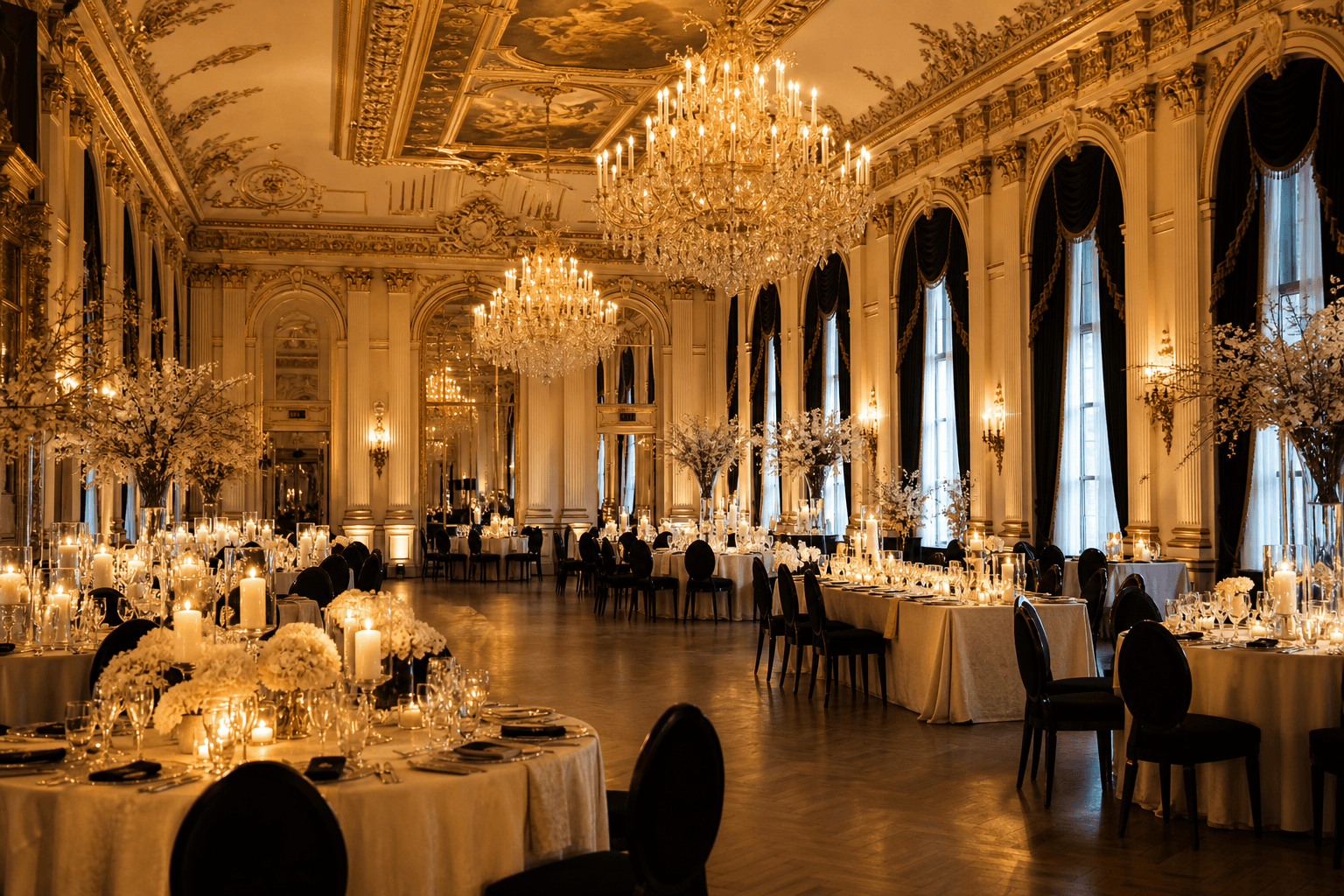 The Grand Ballroom set for a seated dinner beneath the chandeliers