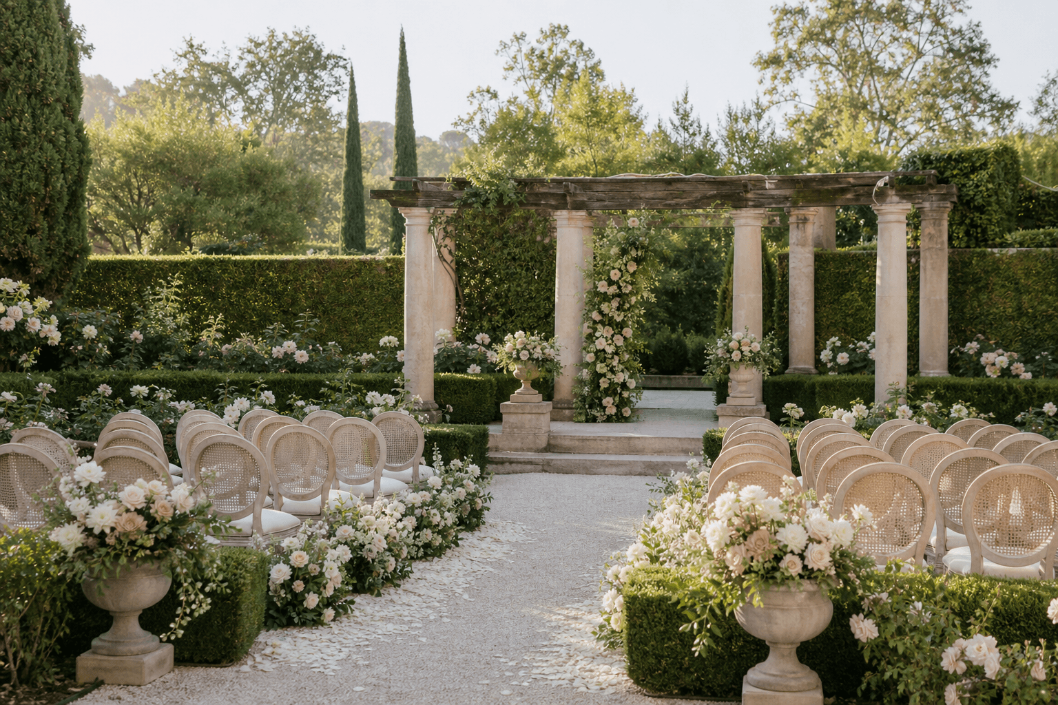 Ceremony chairs set among the beds of the Walled Garden