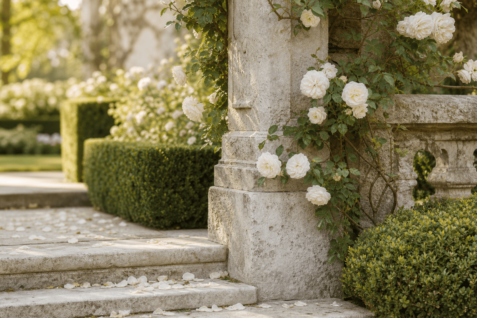 Place setting and blooms in the glass Orangery