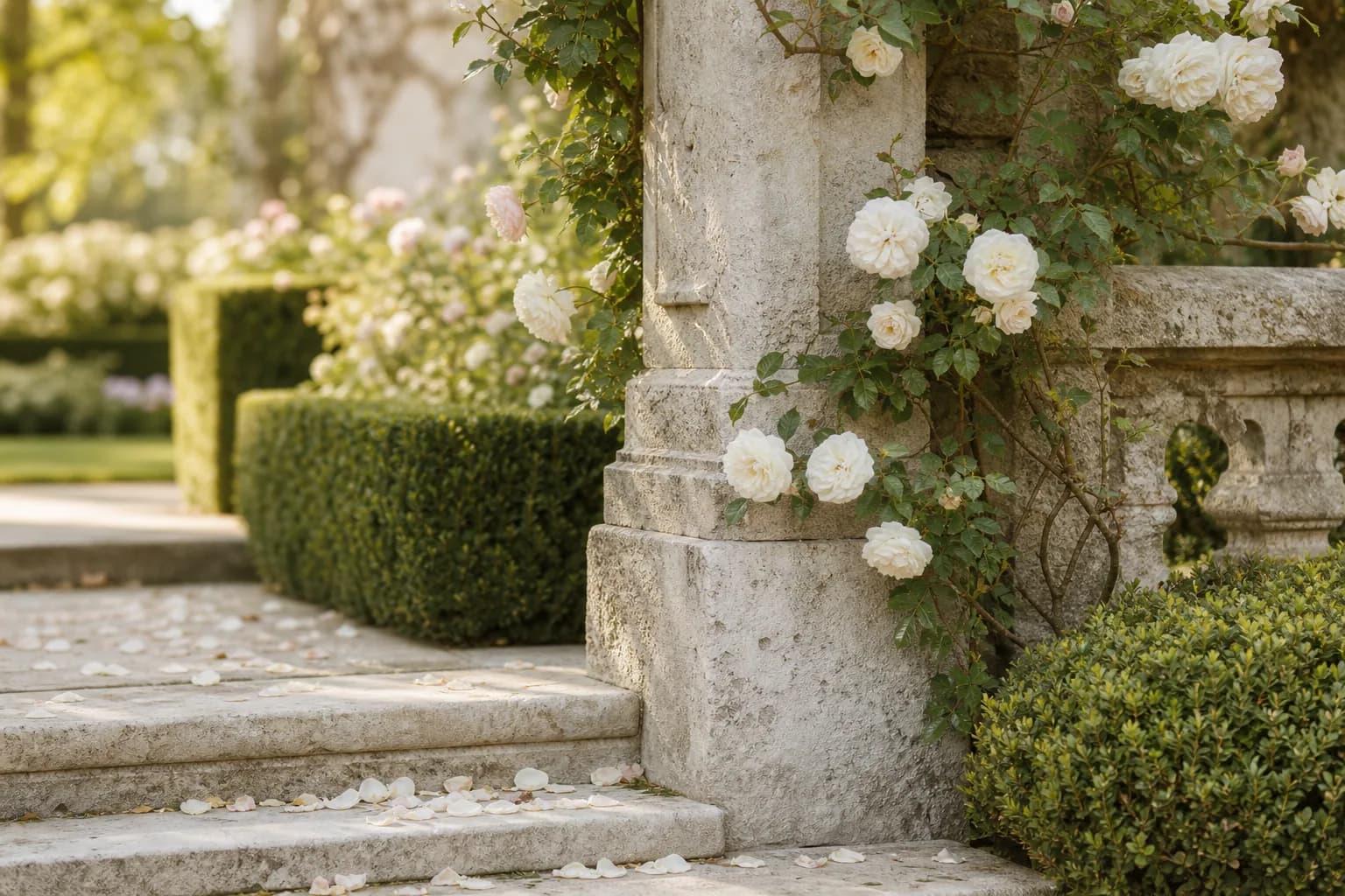Place setting and blooms in the glass Orangery