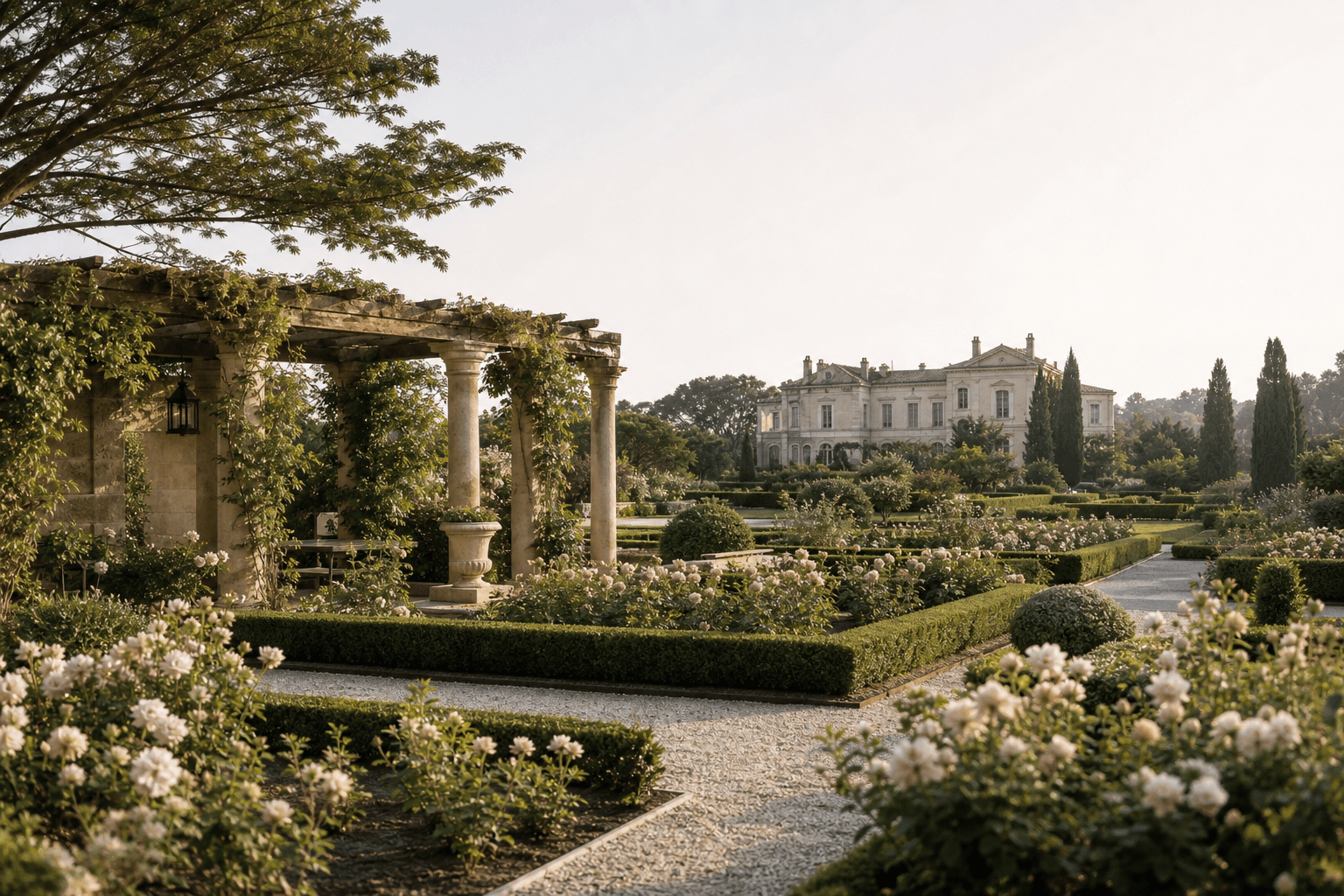 Trestle tables set for dinner beneath the Rose Pergola