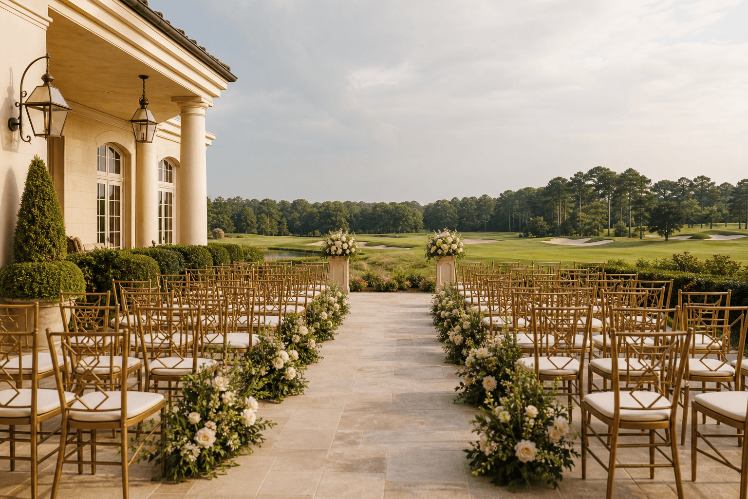 Ceremony seating on the walled Garden Terrace beside the green