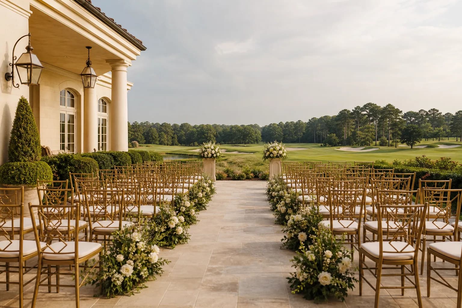 Ceremony seating on the walled Garden Terrace beside the green