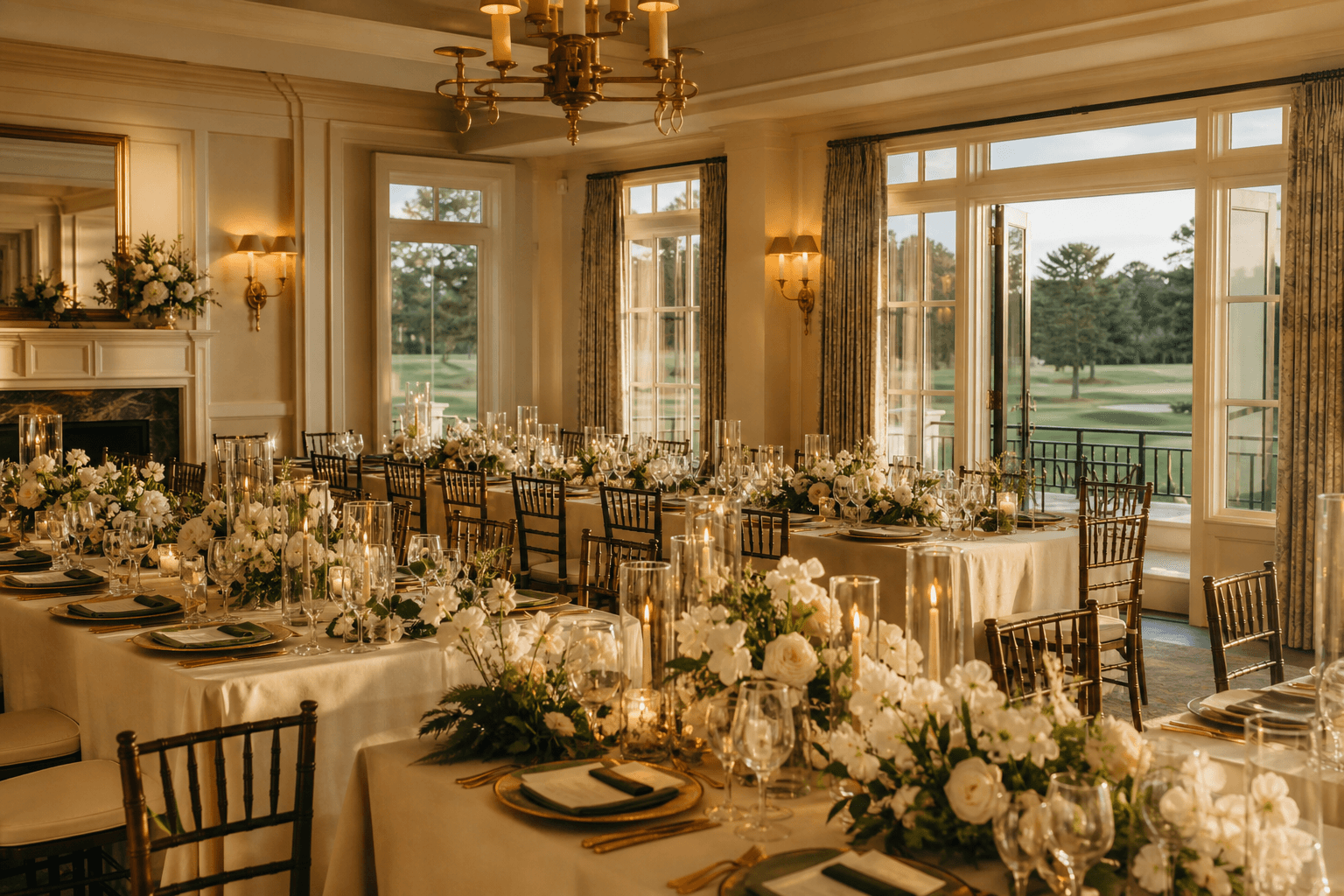 The Great Room set for a wedding dinner before the fairway windows