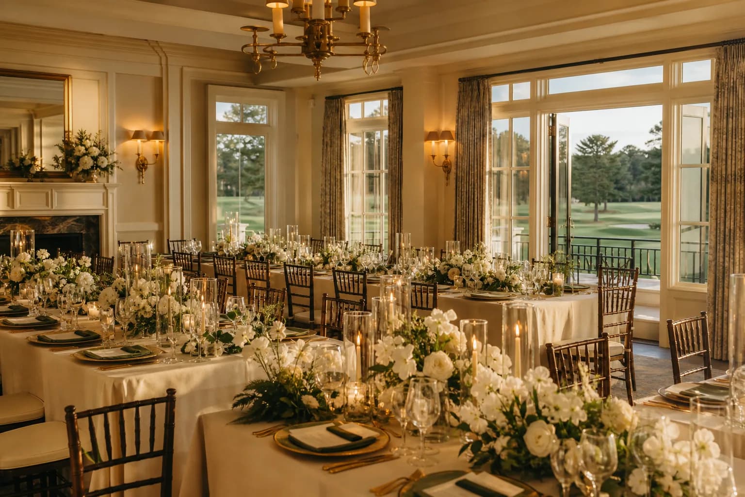 The Great Room set for a wedding dinner before the fairway windows