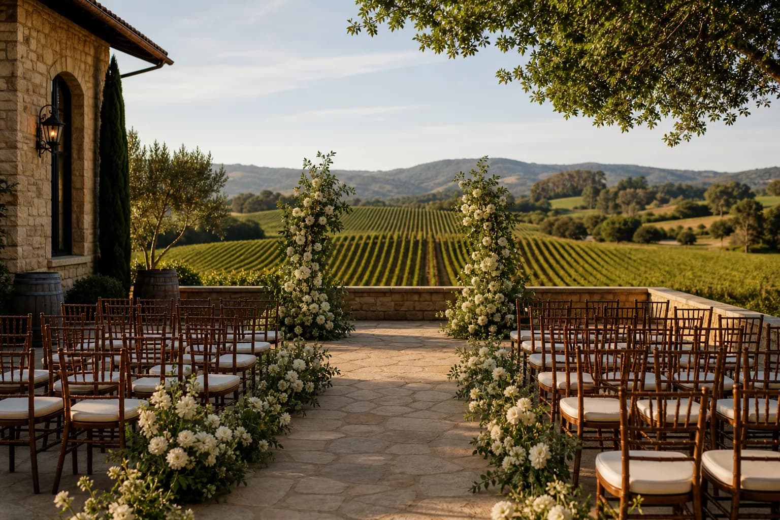Ceremony chairs set at the head of the vineyard rows