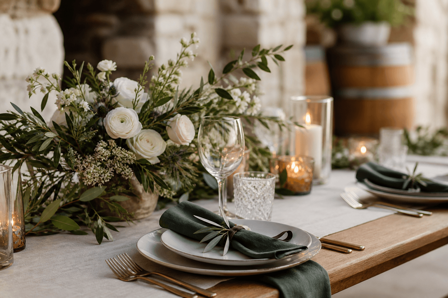 Table setting and stemware in the Barrel Cellar