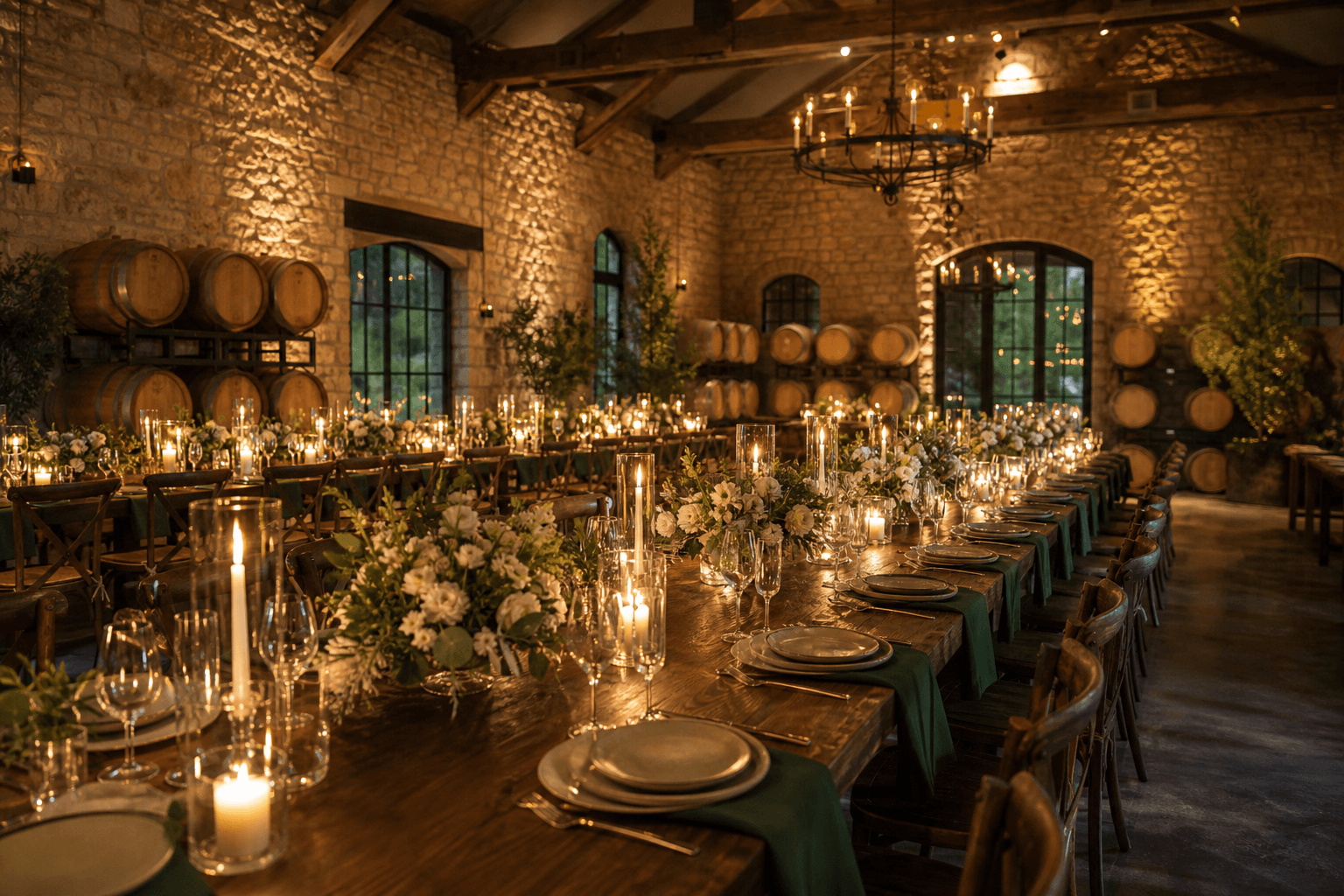 The Terrace set with a long harvest table under bistro lighting